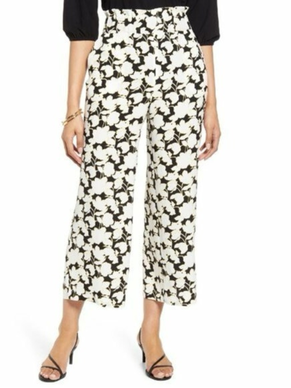 Brand New-Halogen Wild Floral Black/Yellow Pull-On Wide-Leg Crop Pants